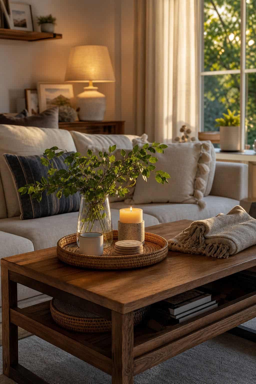 Evening Reset shown as a realistic Pretty Wild World image for 15 Summer Coffee Table Decor Ideas for a Fresh Easy Living Room.