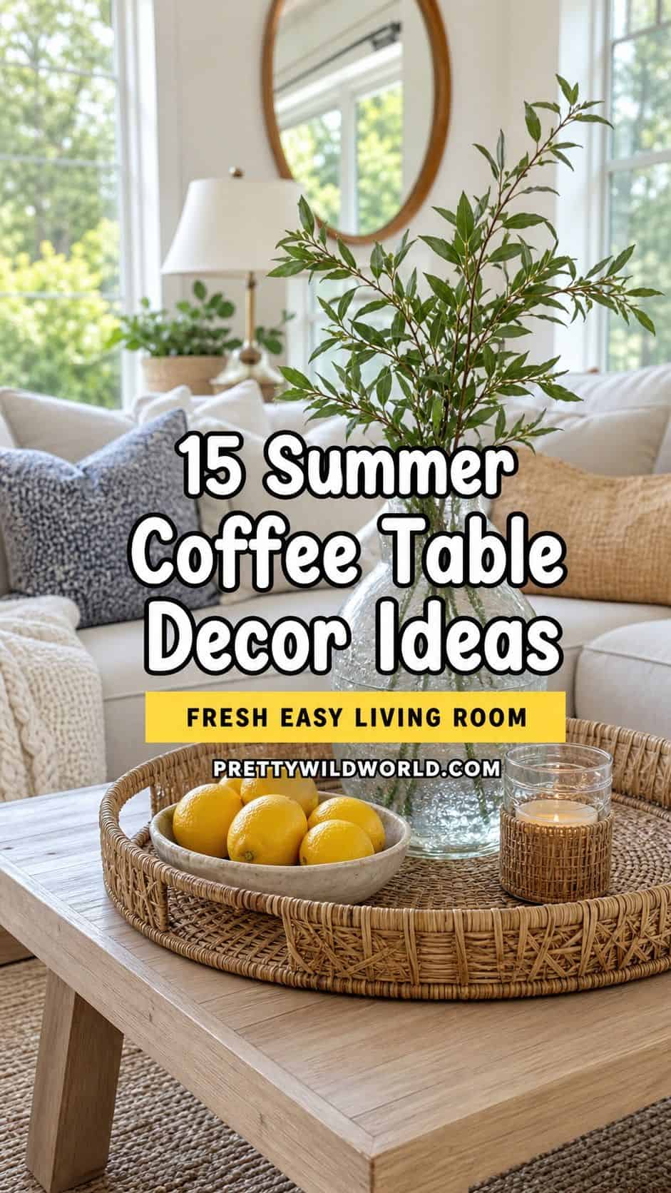Pinterest pin for 15 Summer Coffee Table Decor Ideas for a Fresh Easy Living Room from Pretty Wild World.