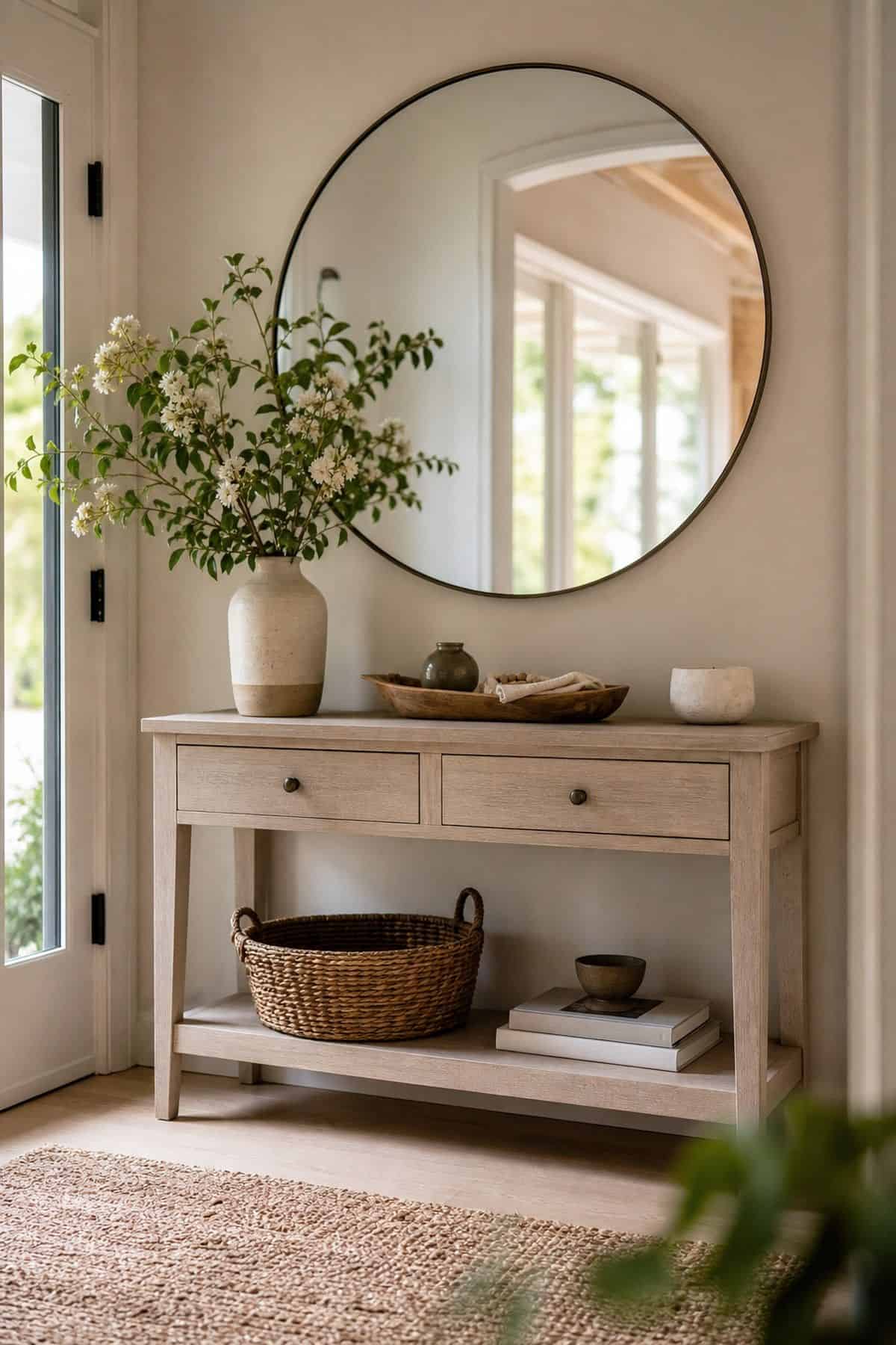 Round Mirror for Light shown as a realistic Pretty Wild World image for 16 Summer Entry Table Decor Ideas for a Bright First Impression.