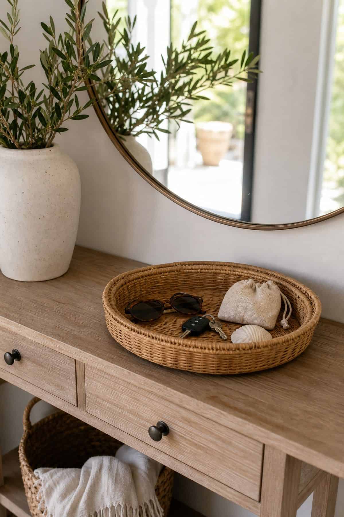 Rattan Catchall Tray shown as a realistic Pretty Wild World image for 16 Summer Entry Table Decor Ideas for a Bright First Impression.