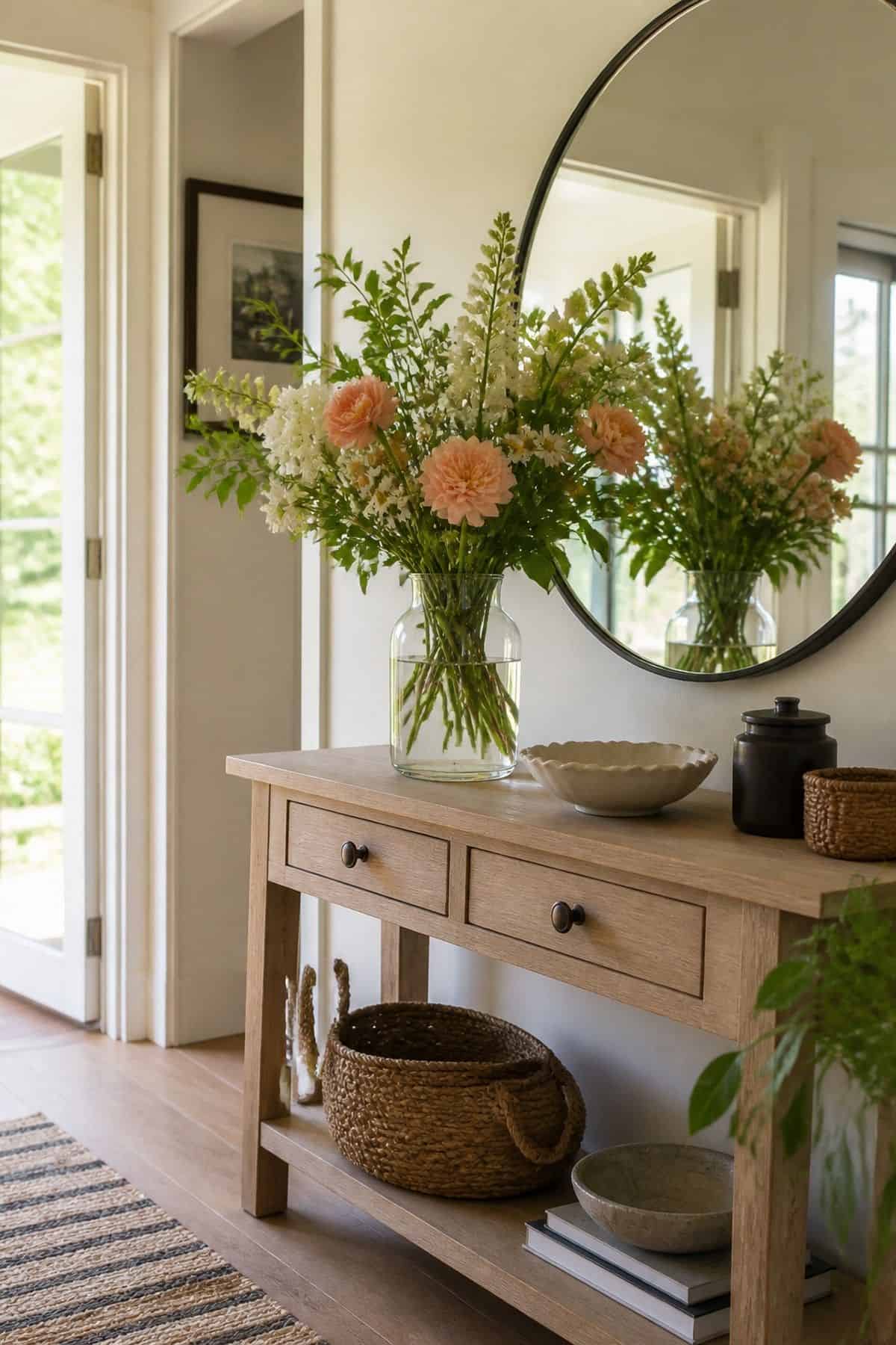 Glass Vase With Flowers shown as a realistic Pretty Wild World image for 16 Summer Entry Table Decor Ideas for a Bright First Impression.