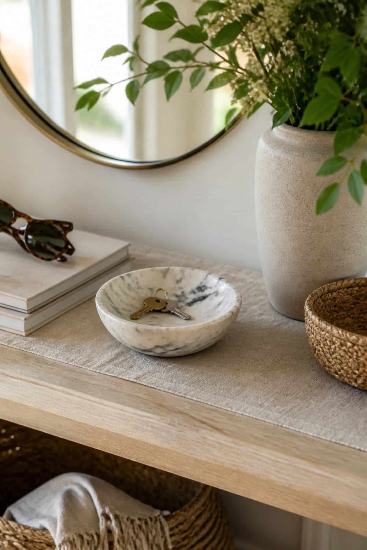 Marble Key Bowl shown as a realistic Pretty Wild World image for 16 Summer Entry Table Decor Ideas for a Bright First Impression.