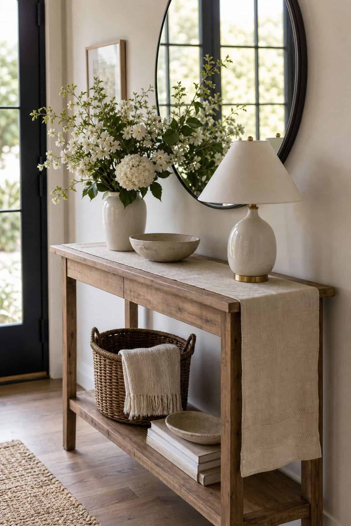 Narrow Linen Runner shown as a realistic Pretty Wild World image for 16 Summer Entry Table Decor Ideas for a Bright First Impression.