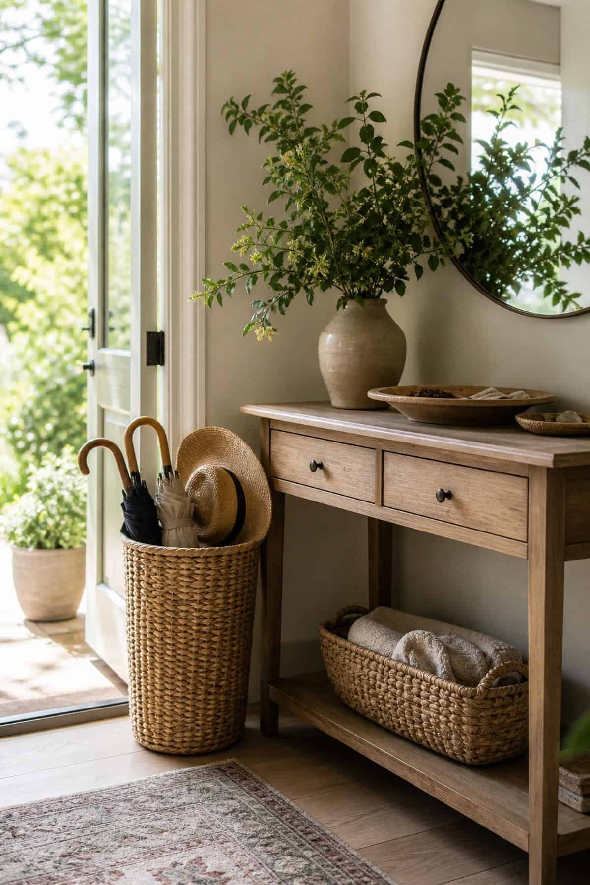 Woven Umbrella Basket shown as a realistic Pretty Wild World image for 16 Summer Entry Table Decor Ideas for a Bright First Impression.