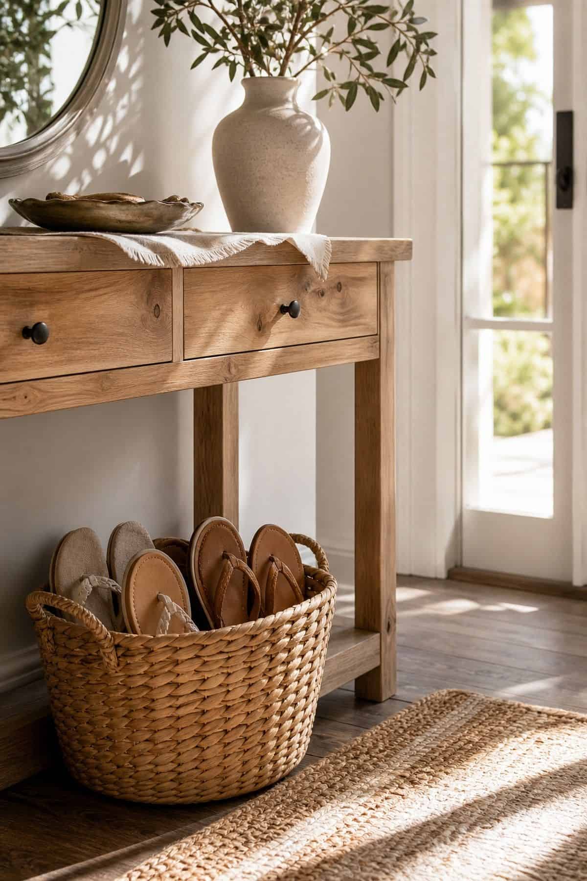 Basket for Sandals shown as a realistic Pretty Wild World image for 16 Summer Entry Table Decor Ideas for a Bright First Impression.