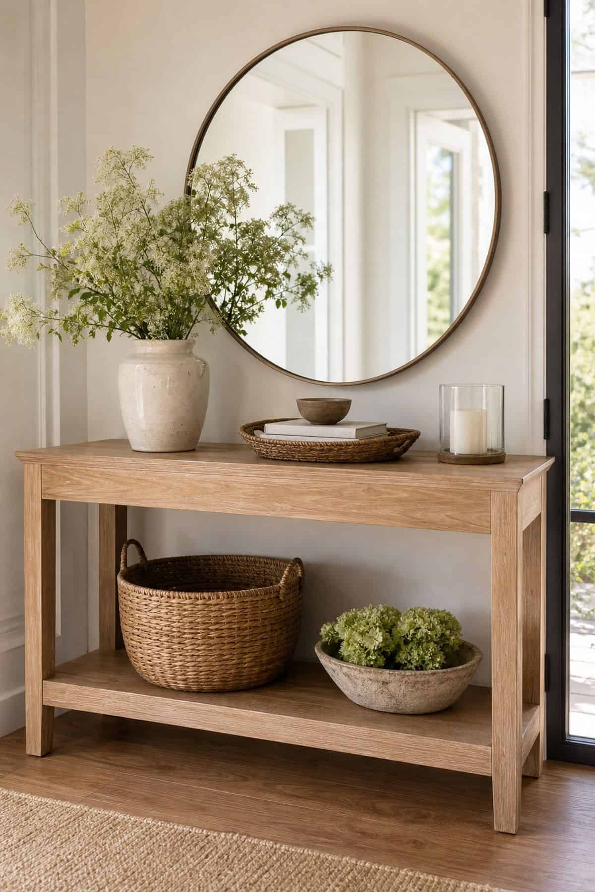 Light Wood Console shown as a realistic Pretty Wild World image for 16 Summer Entry Table Decor Ideas for a Bright First Impression.