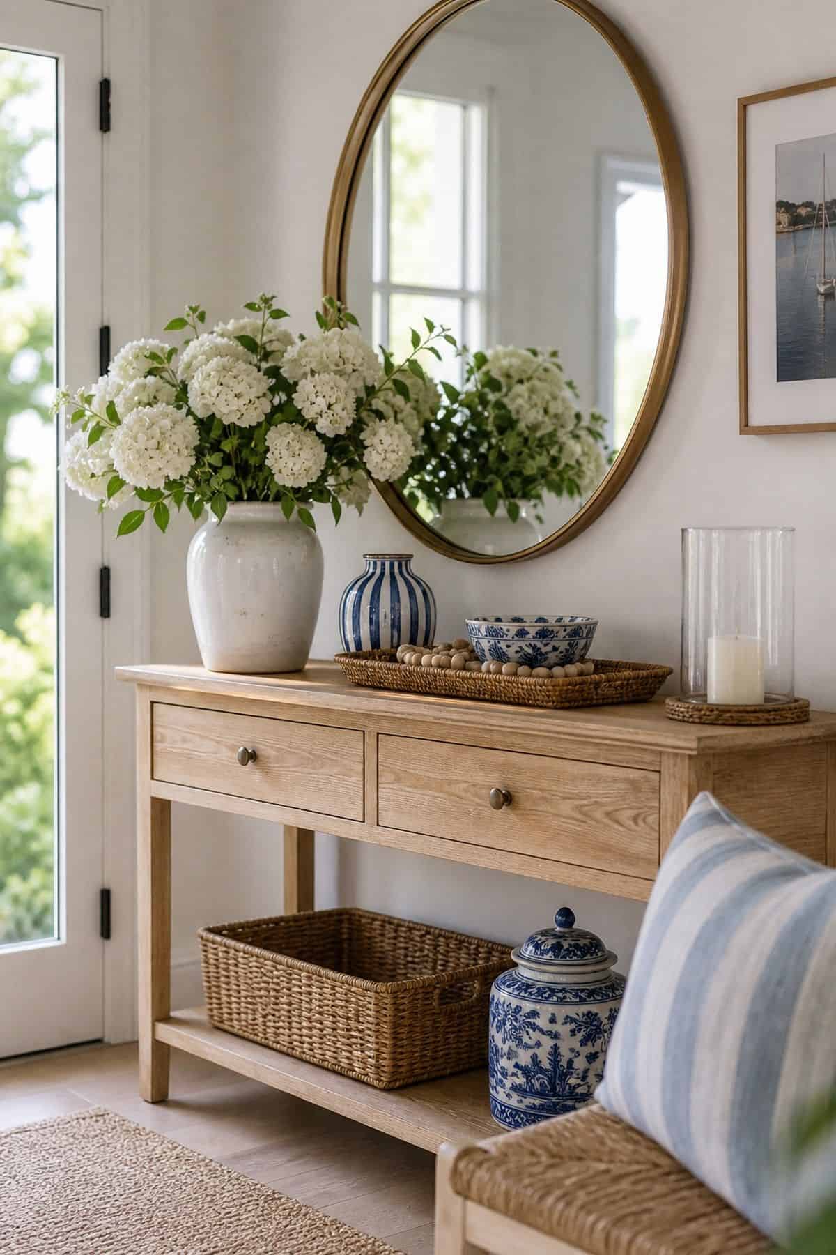 Blue and White Detail shown as a realistic Pretty Wild World image for 16 Summer Entry Table Decor Ideas for a Bright First Impression.