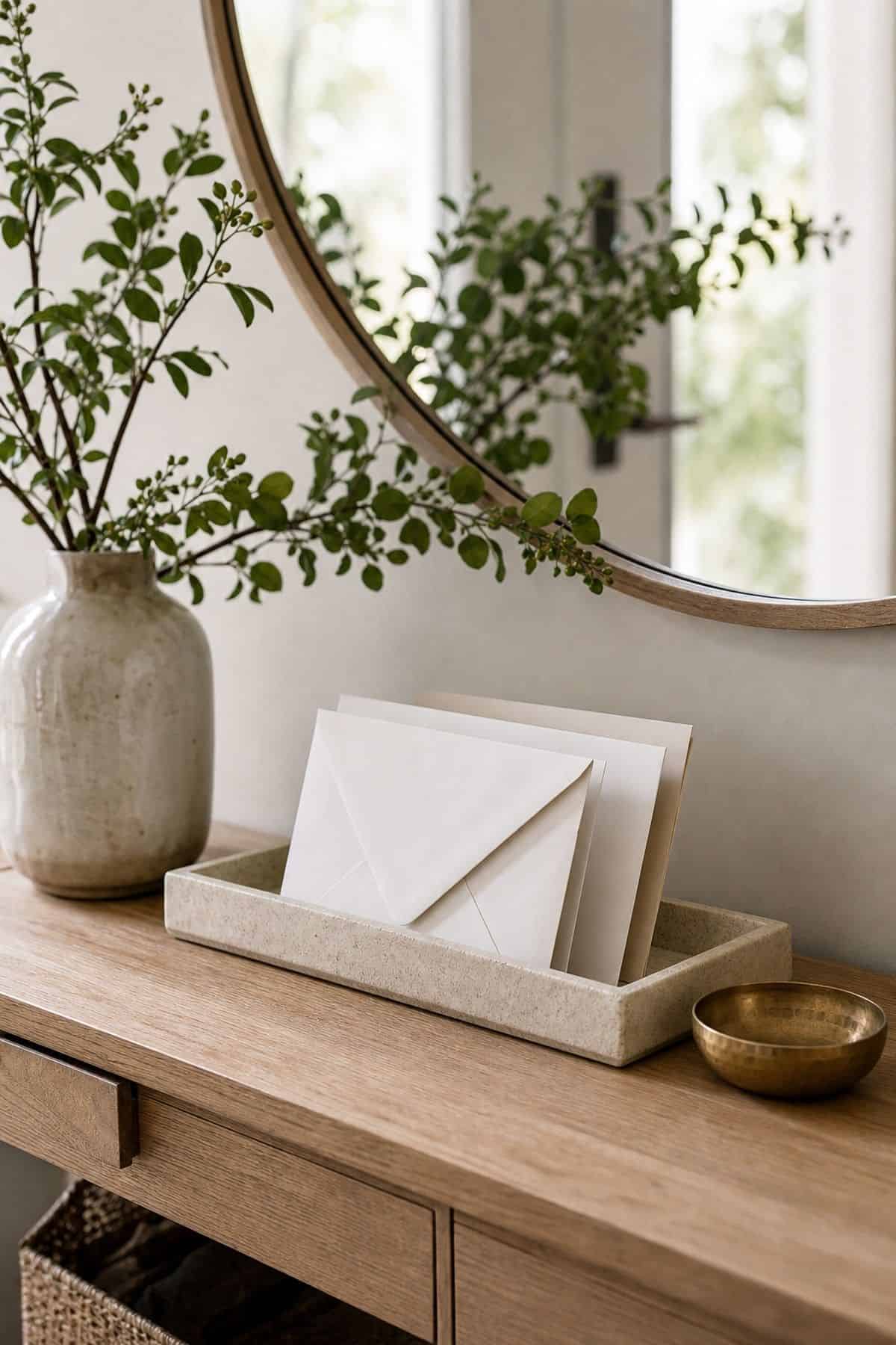 No-Pile Mail Spot shown as a realistic Pretty Wild World image for 16 Summer Entry Table Decor Ideas for a Bright First Impression.