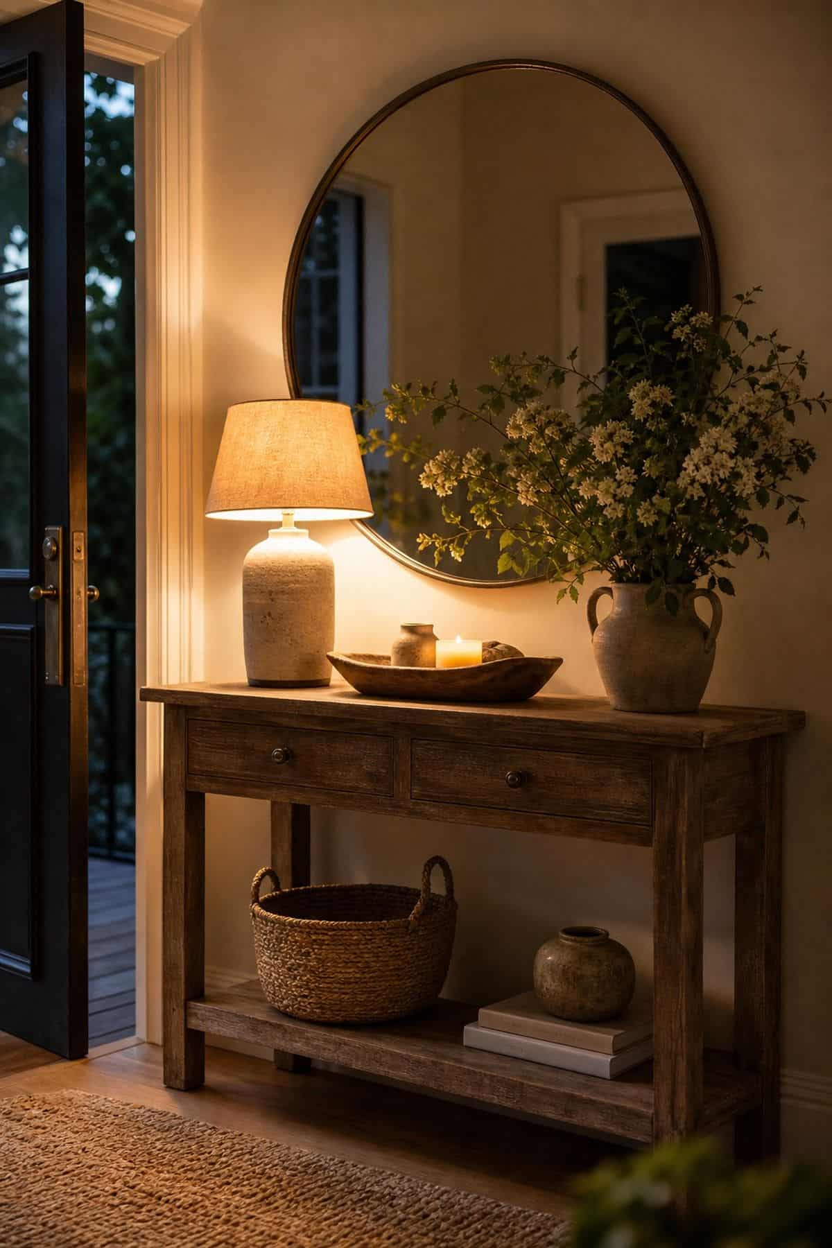 Evening Welcome Glow shown as a realistic Pretty Wild World image for 16 Summer Entry Table Decor Ideas for a Bright First Impression.