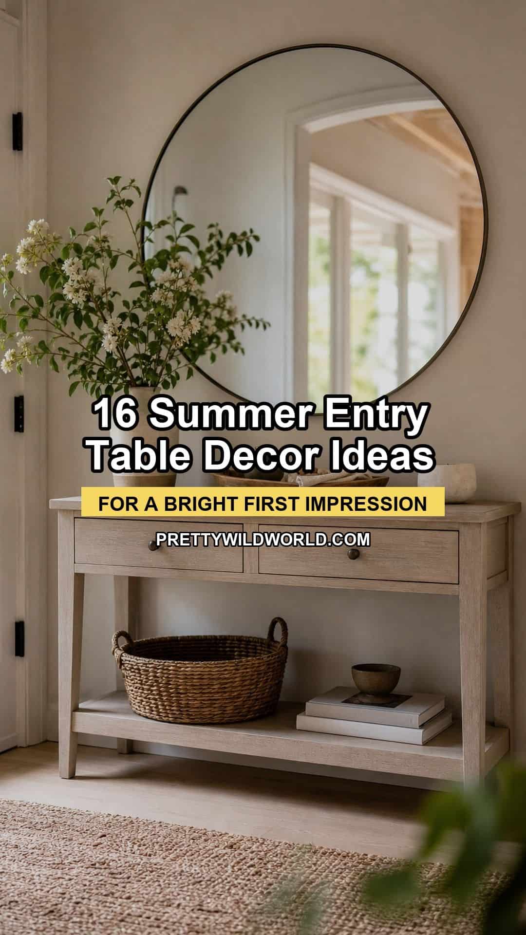 Pinterest pin for 16 Summer Entry Table Decor Ideas for a Bright First Impression from Pretty Wild World.