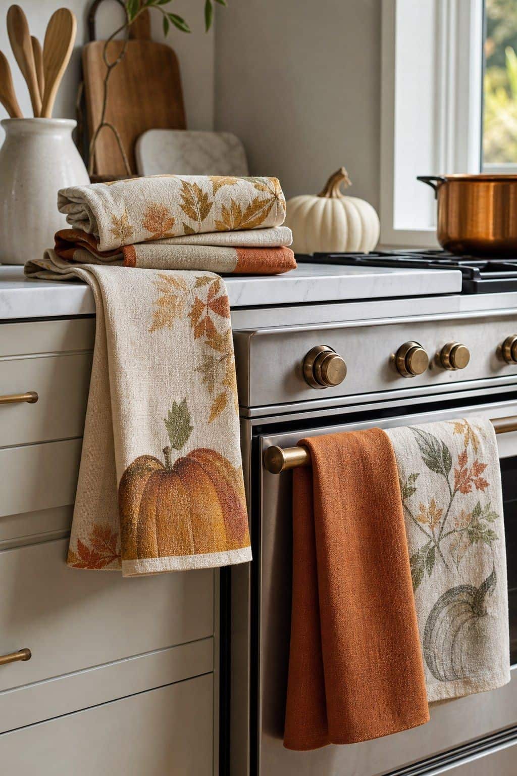 Linen Thanksgiving Towels shown as a realistic Pretty Wild World image for 16 Thanksgiving Kitchen Decor Ideas That Leave Room to Cook.