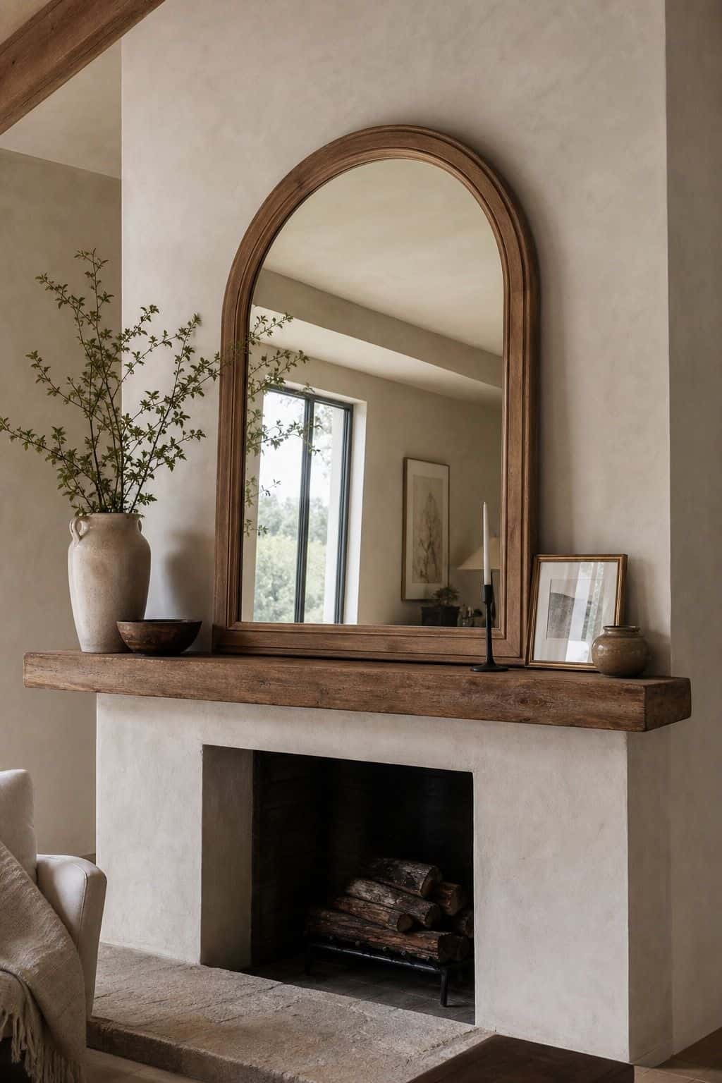 Arched Wood Mirror shown as a realistic Pretty Wild World image for 18 Zen Fireplace Mantel Home Decor Ideas for a Quiet Cozy Focal Point.