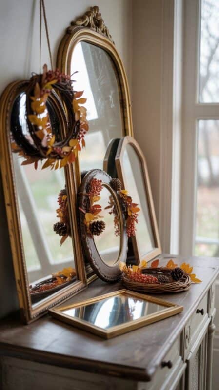 Fall entry table decor ideas to create a warm, inviting first impression with vintage mirrors, amber bottles, rustic lanterns, and more for cozy seasonal charm.