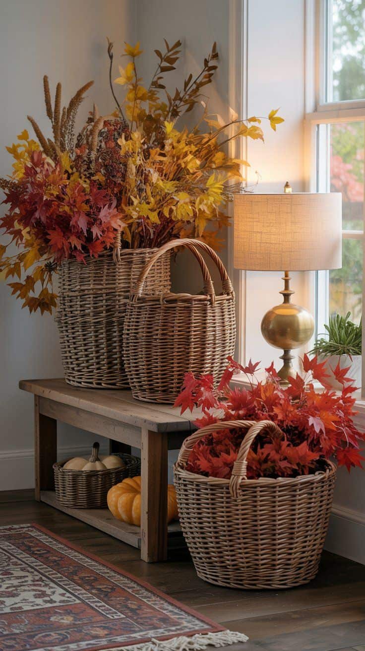 Layer your entryway with warm autumn tones and cozy textures using fall entryway decor ideas like layered rugs, wicker baskets, rustic tables, and pumpkin arrangements.