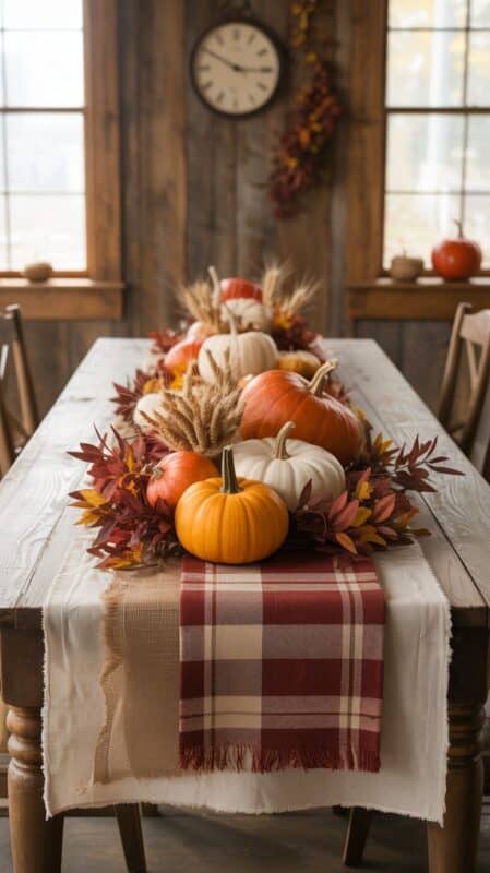 Farmhouse fall decor ideas to help you turn your home into a cozy, rustic retreat with burlap runners, wooden lanterns, vintage milk cans, and more seasonal touches.