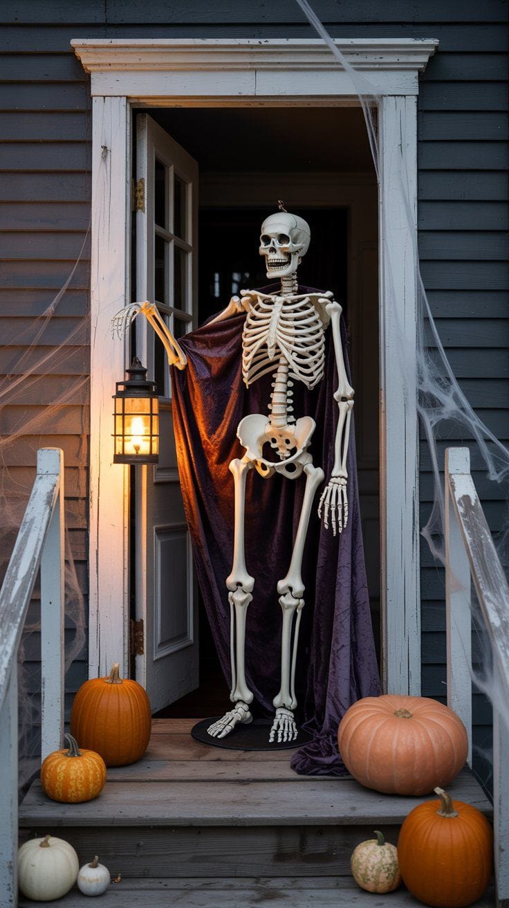 Front porch Halloween decor ideas to create a spooky and inviting entrance with life-size witches, stacked jack-o’-lanterns, black lanterns, and more to wow your visitors.