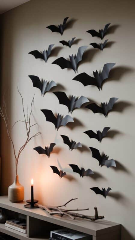 Simple Halloween decor ideas to effortlessly transform your home with black paper bats, mini pumpkins, spooky candle jars, skeleton hand utensil holders, and more.