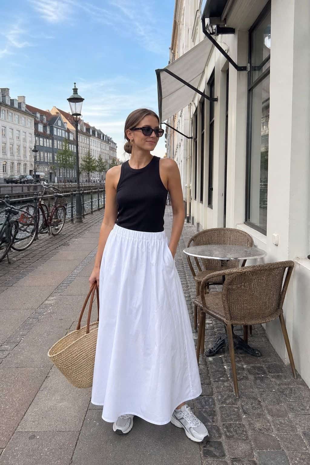 Cotton Poplin Skirt with Sneakers styled as a Copenhagen summer outfit idea from Pretty Wild World.