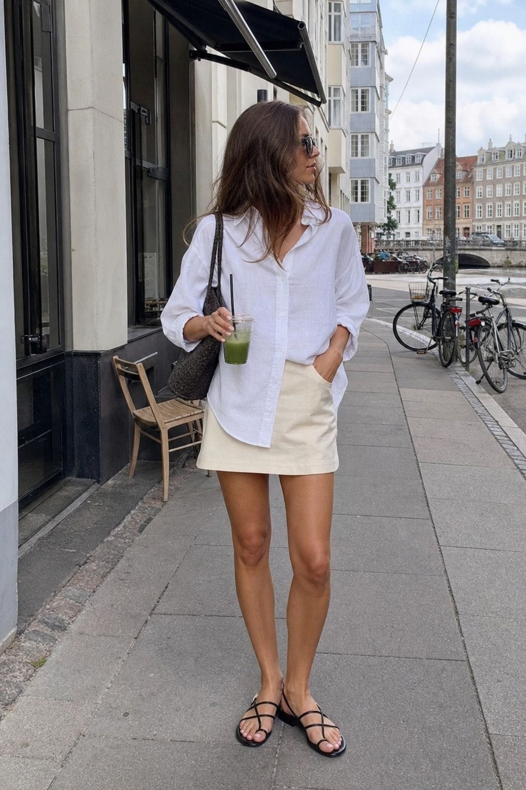 Mini Skirt with a Loose Shirt styled as a Copenhagen summer outfit idea from Pretty Wild World.