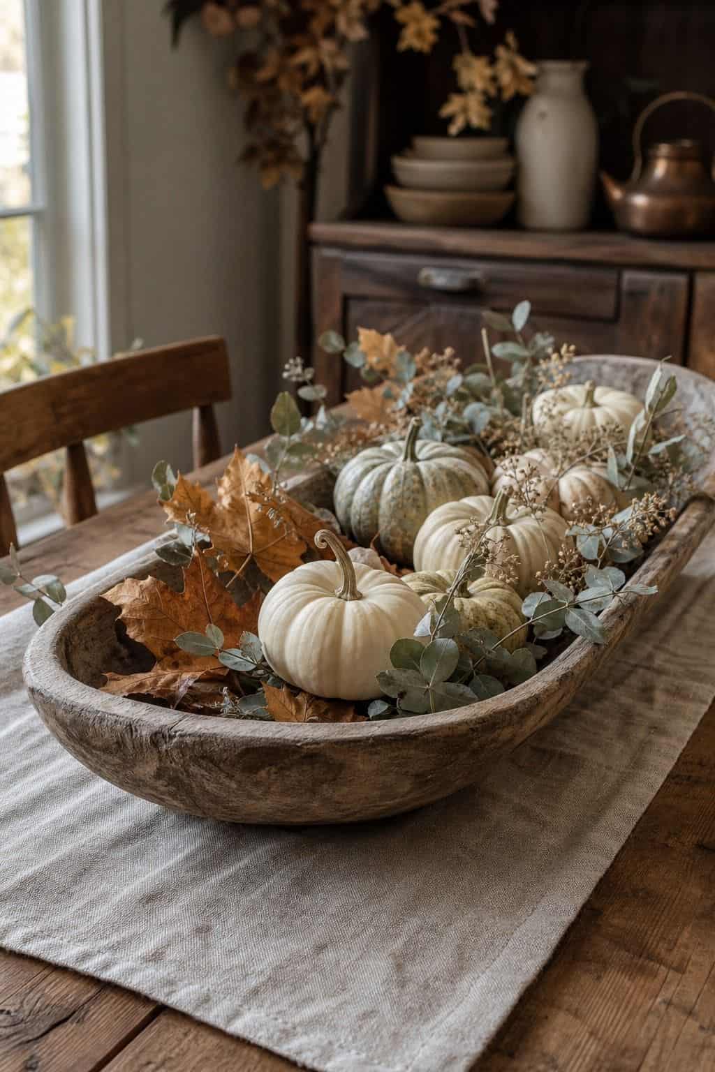 Weathered wood dough bowl filled with small white and pale green pumpkins and dry leaves on a linen runner on a farmhouse table