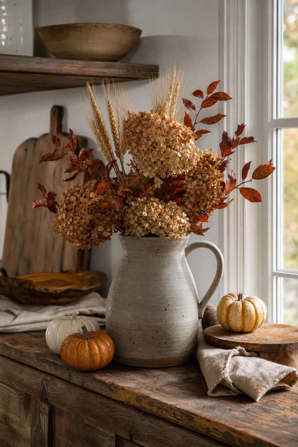 Gray-cream stoneware pitcher holding dried hydrangeas, wheat and a red leaf branch on a wood sideboard with a cutting board and small pumpkins