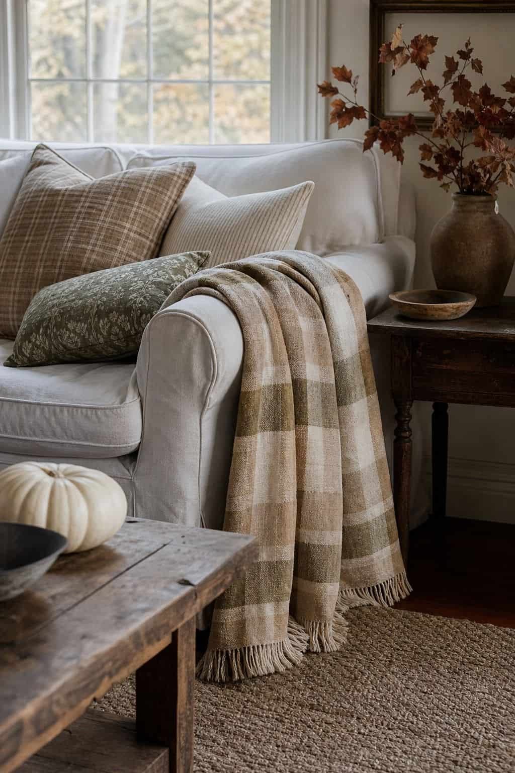 Sage and cream linen plaid throw draped over the arm of a white slipcovered sofa with a plaid pillow and a white pumpkin on a wood side table