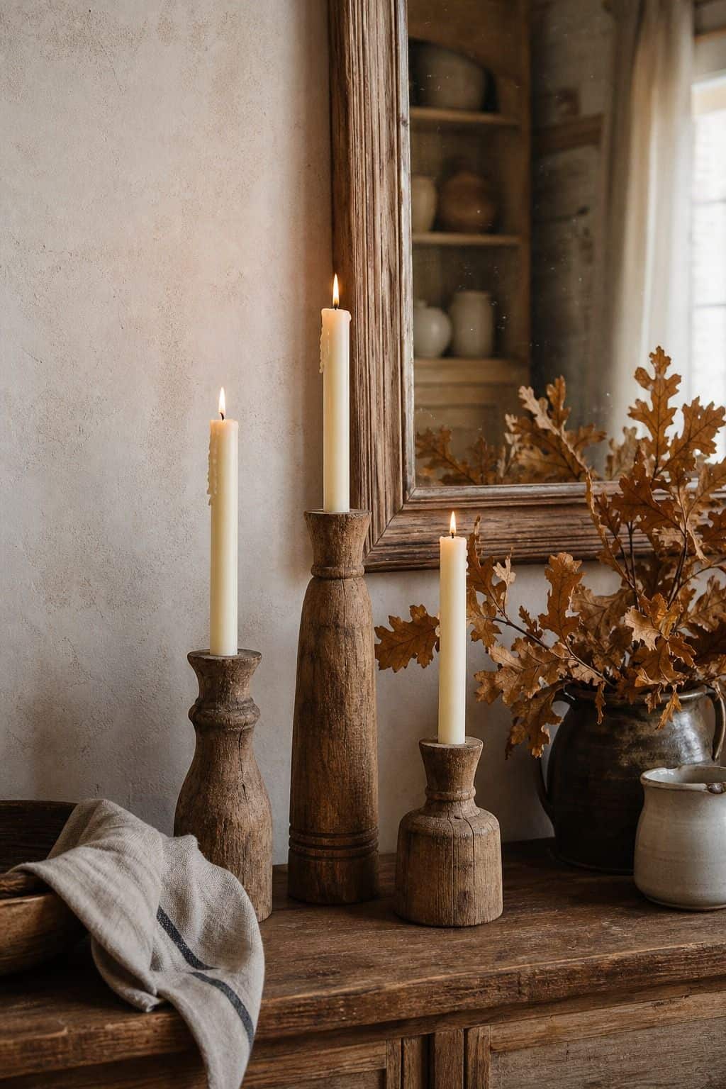 Turned wood candlesticks of different heights with cream taper candles on a rustic console beside an oak leaf branch in a dark vase