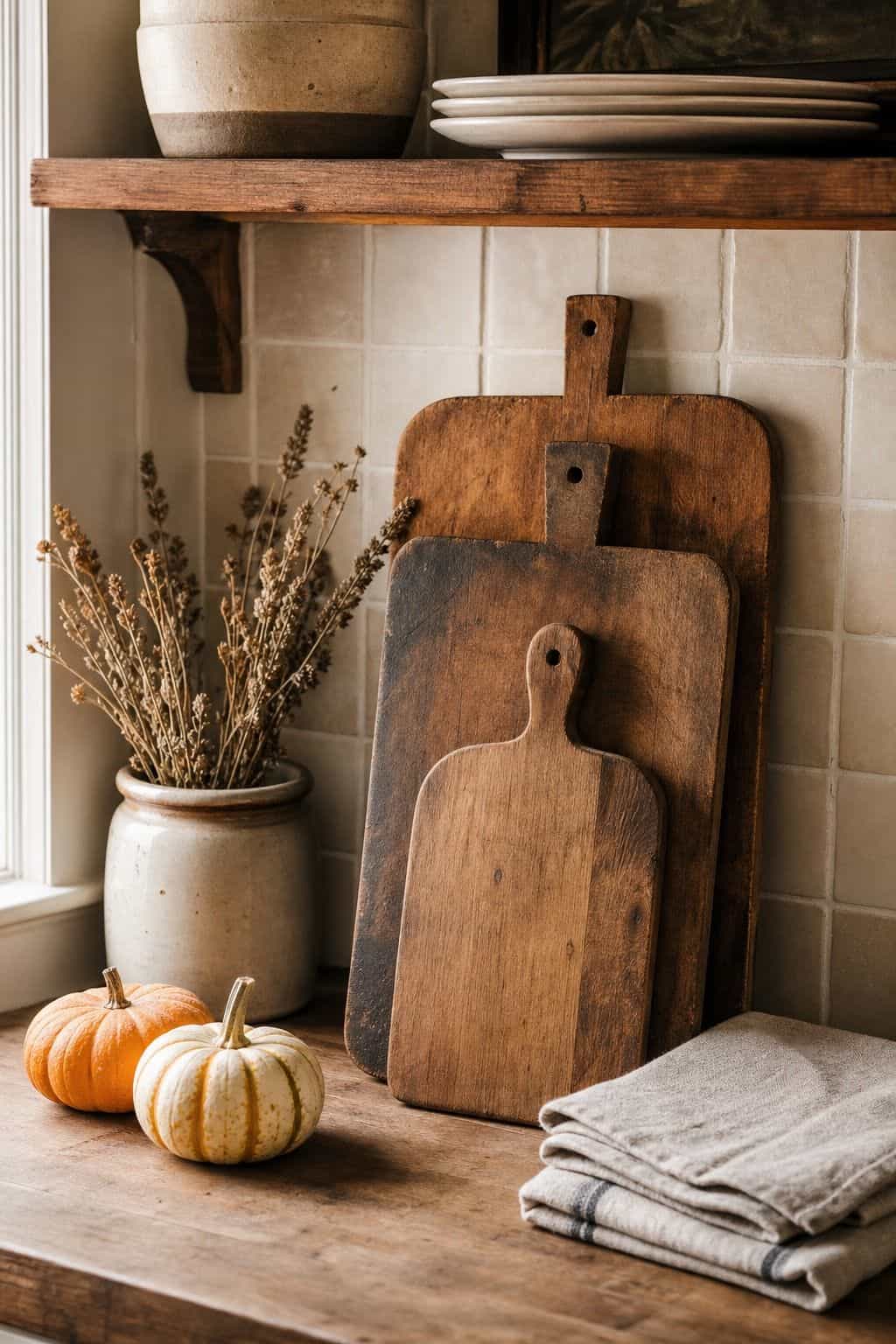 Three wood cutting boards leaning against a tile backsplash next to a crock of dried wheat, orange and white pumpkins and folded linen towels