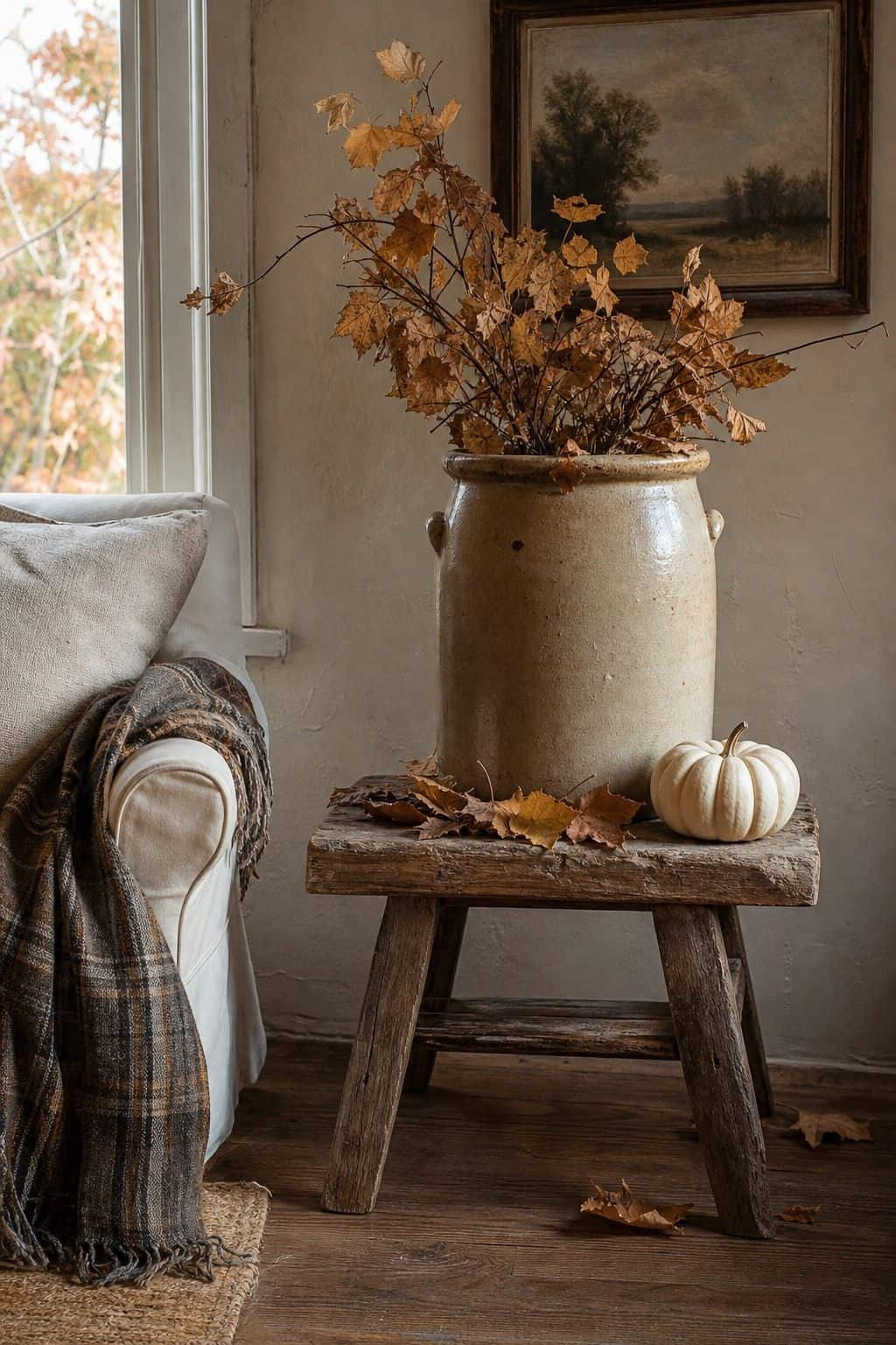 Large vintage stoneware crock with dried branches on a rough wooden stool next to a white pumpkin and a plaid throw on a chair