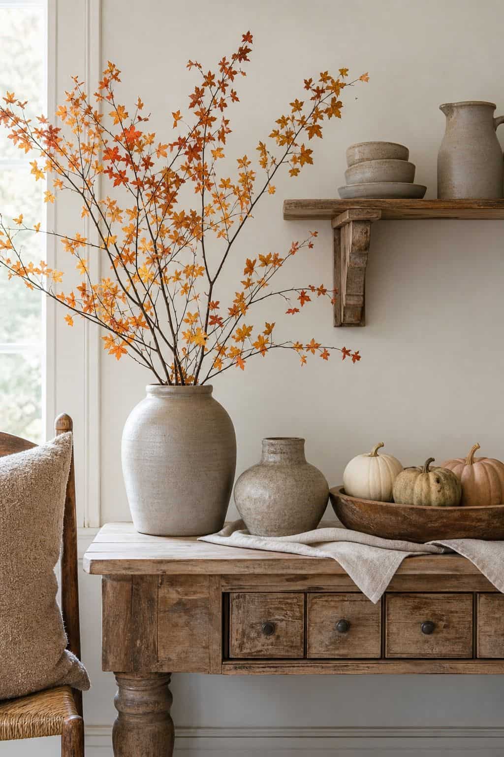 Weathered wood console with a ceramic jug of orange leaf branches, stoneware vessels and pumpkins on a linen runner and no signs