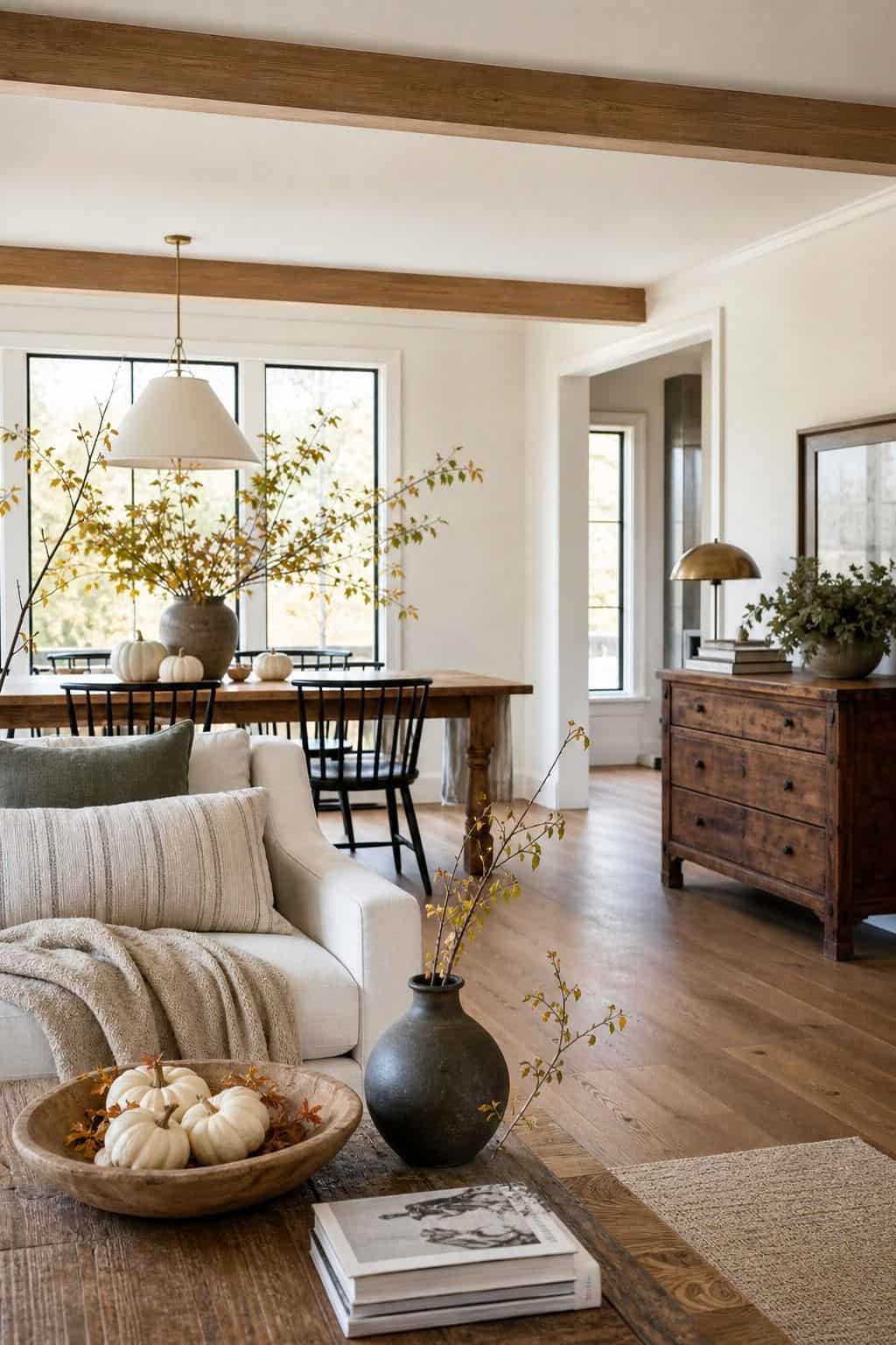 Bright farmhouse living room with white walls, wood beams, a cream sofa and a coffee table with a wood bowl of white pumpkins and a black vase