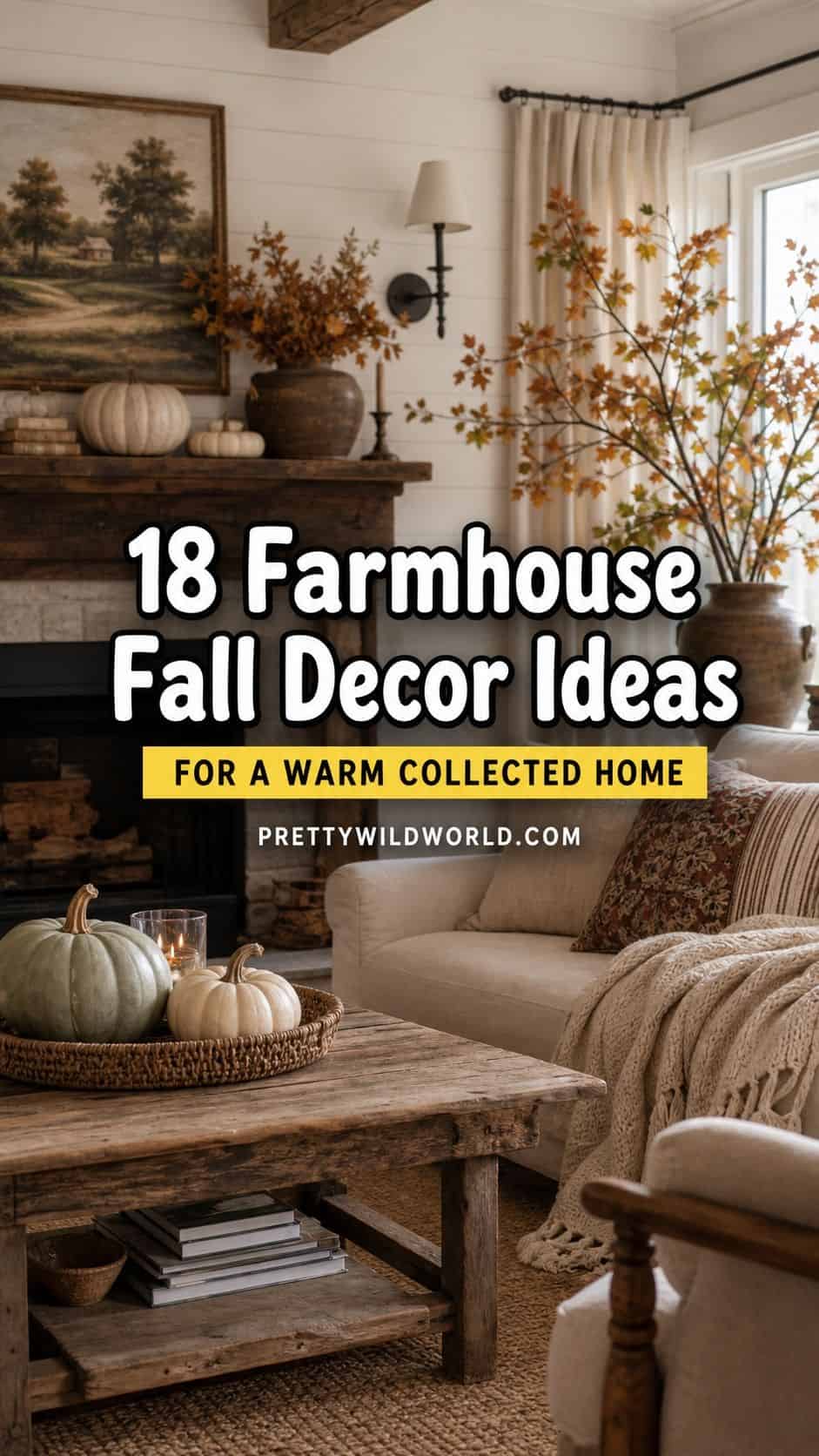 Farmhouse fall decor in a cozy living room with a rustic wood coffee table, white pumpkins, a countryside painting and a cream sofa