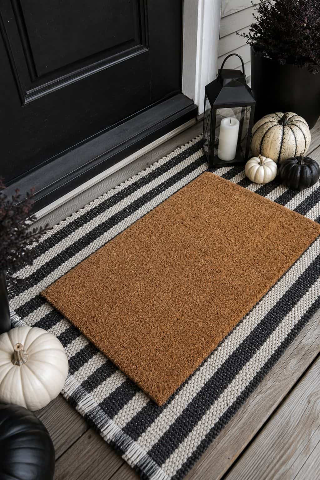 Layered Doormat Setup shown as a realistic Pretty Wild World image for 18 Front Porch Halloween Decor Ideas for a Spooky Welcome.