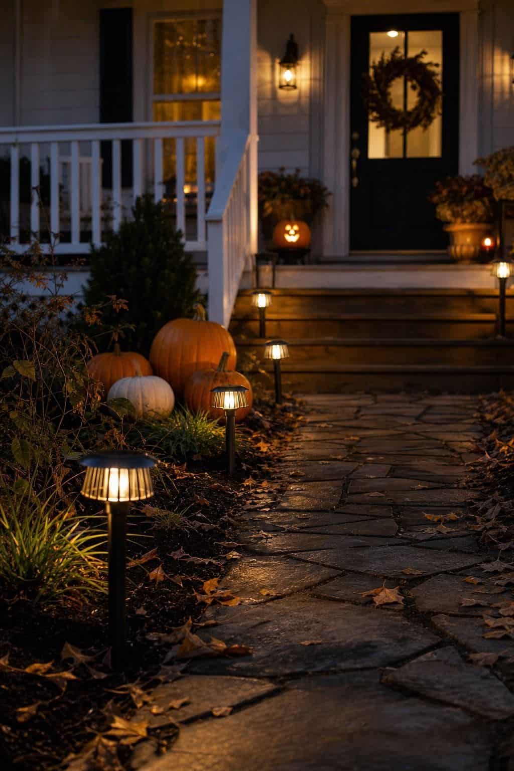Pathway Lights to the Steps shown as a realistic Pretty Wild World image for 18 Front Porch Halloween Decor Ideas for a Spooky Welcome.