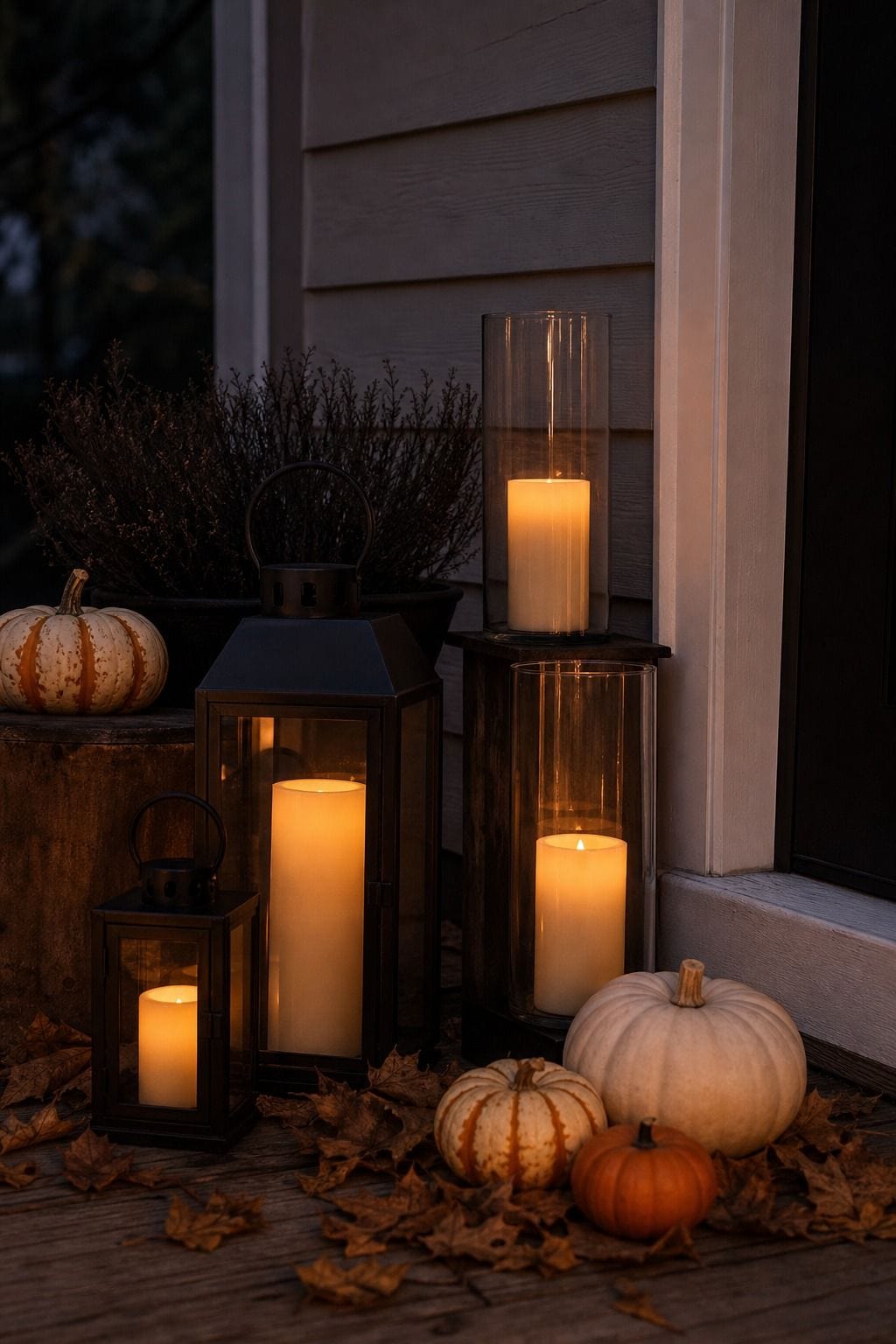 Battery Candles Outdoors shown as a realistic Pretty Wild World image for 18 Front Porch Halloween Decor Ideas for a Spooky Welcome.
