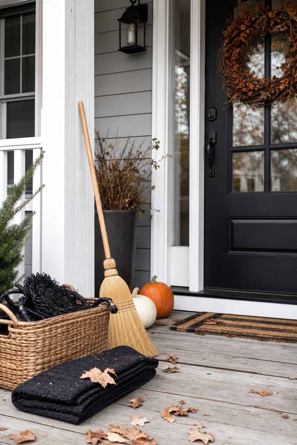 Porch Cleanup After October shown as a realistic Pretty Wild World image for 18 Front Porch Halloween Decor Ideas for a Spooky Welcome.