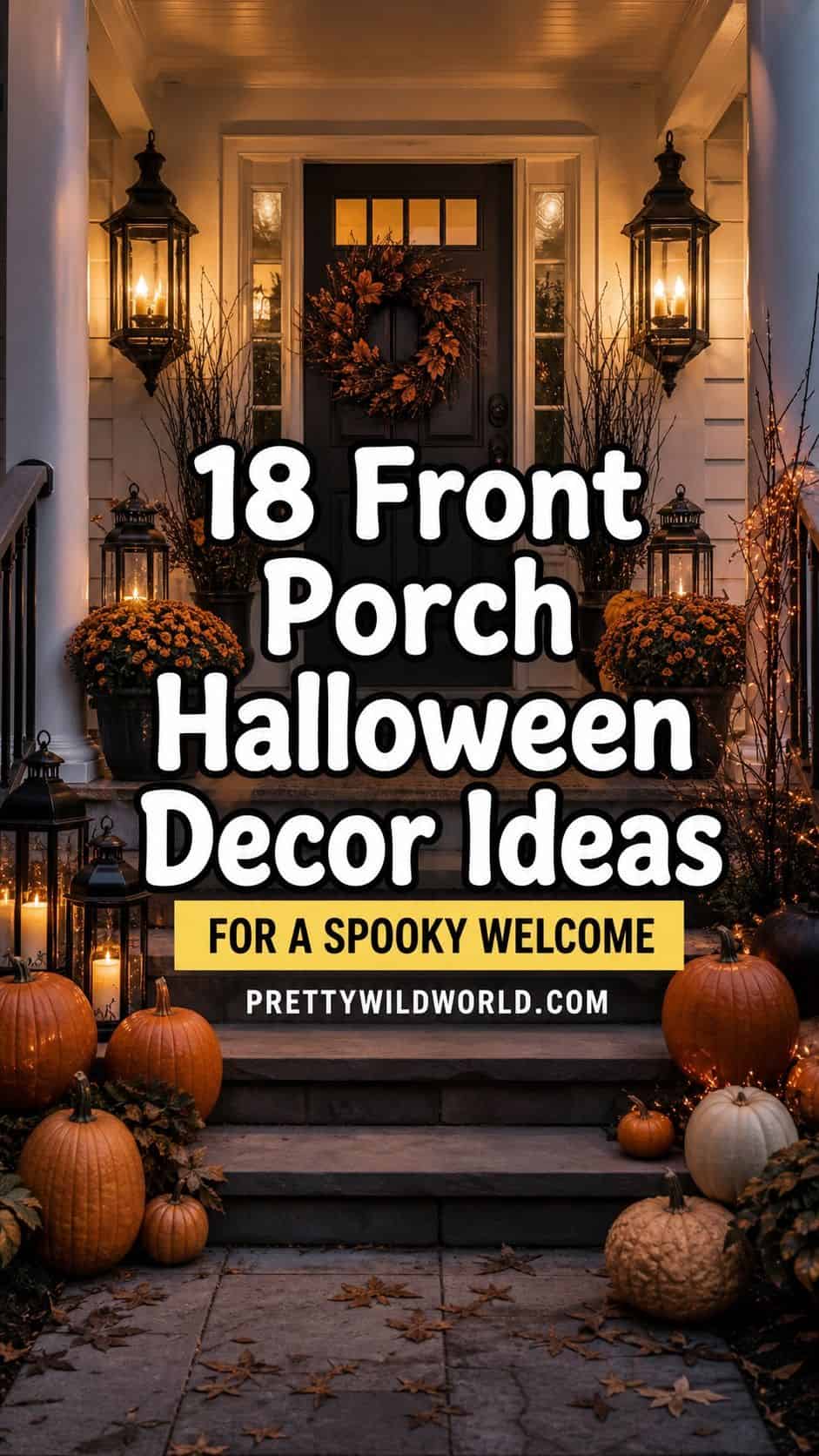 Pinterest pin for 18 Front Porch Halloween Decor Ideas for a Spooky Welcome from Pretty Wild World.