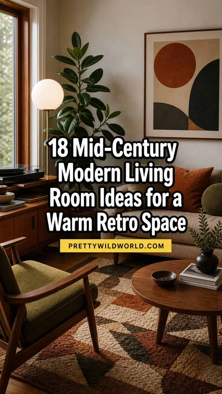 Pinterest pin for 18 Mid-Century Modern Living Room Ideas for a Warm Retro Space from Pretty Wild World.