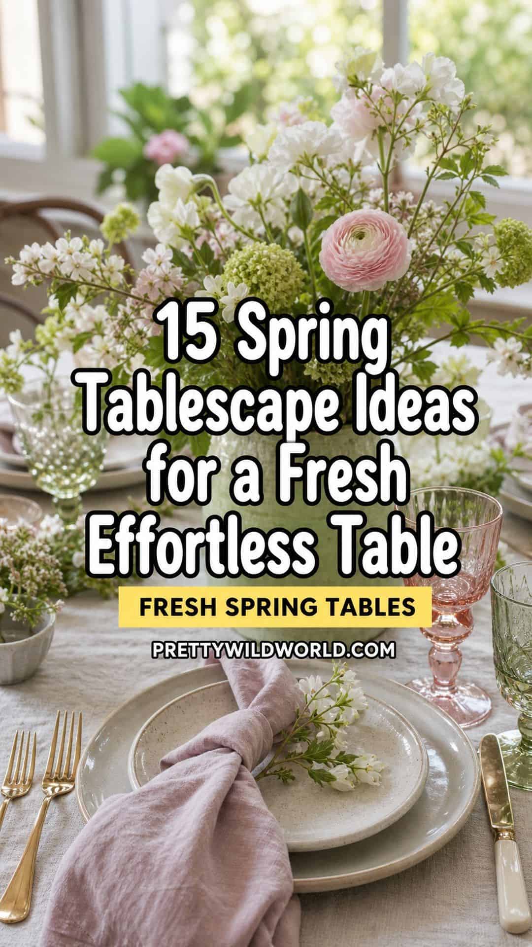 Pinterest pin for 15 Spring Tablescape Ideas for a Fresh Effortless Table from Pretty Wild World.