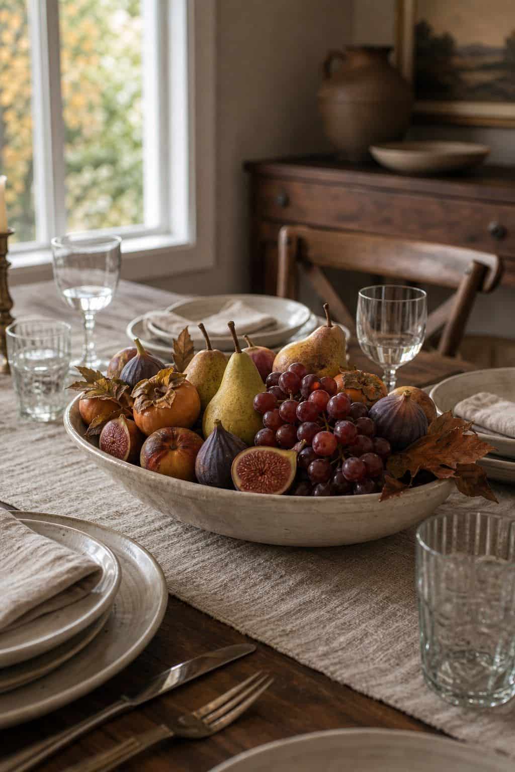 Low Fruit Bowl shown as a realistic Pretty Wild World image for 19 Thanksgiving Centerpiece Ideas That Keep the Table Easy.
