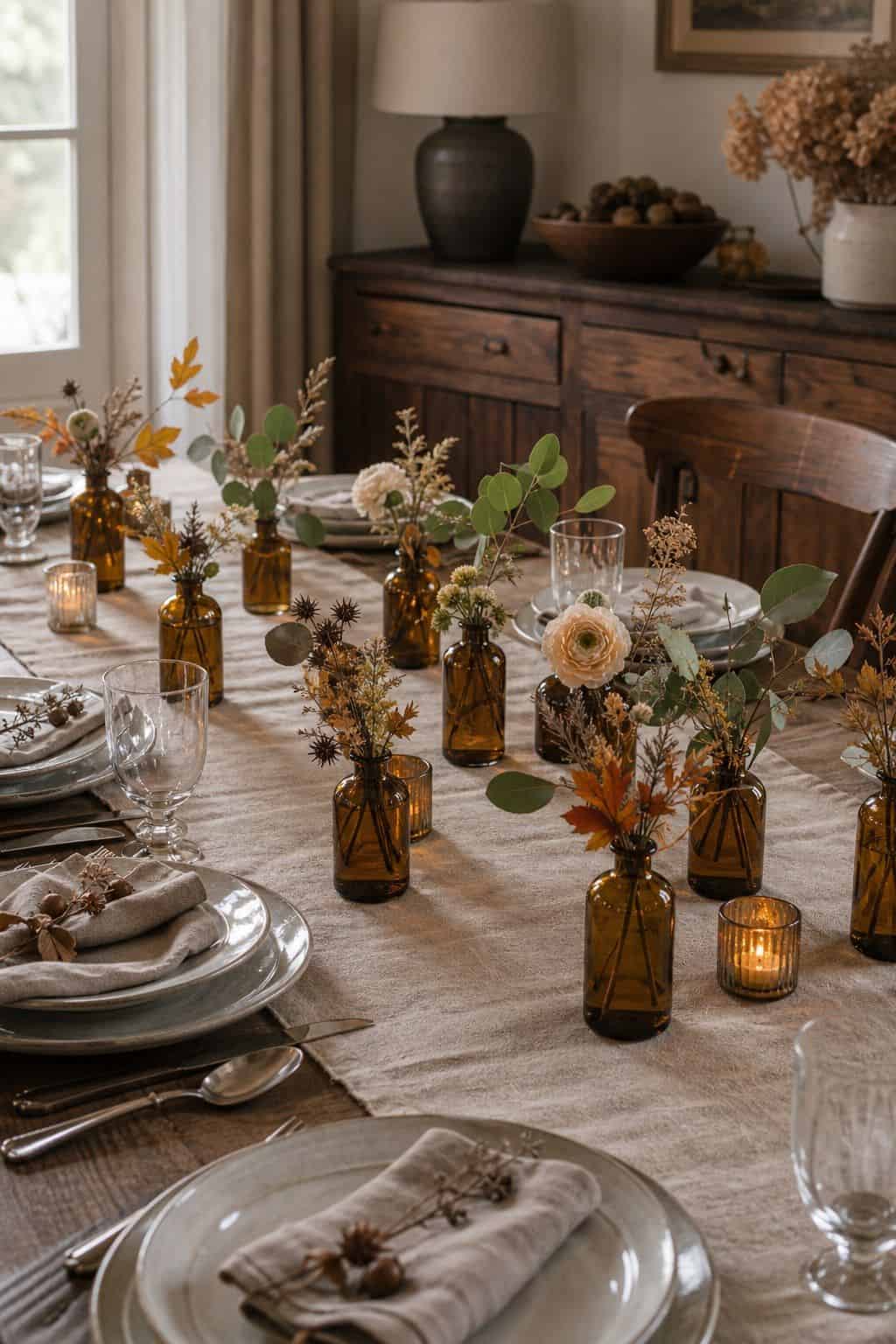Amber Bud Vases shown as a realistic Pretty Wild World image for 19 Thanksgiving Centerpiece Ideas That Keep the Table Easy.
