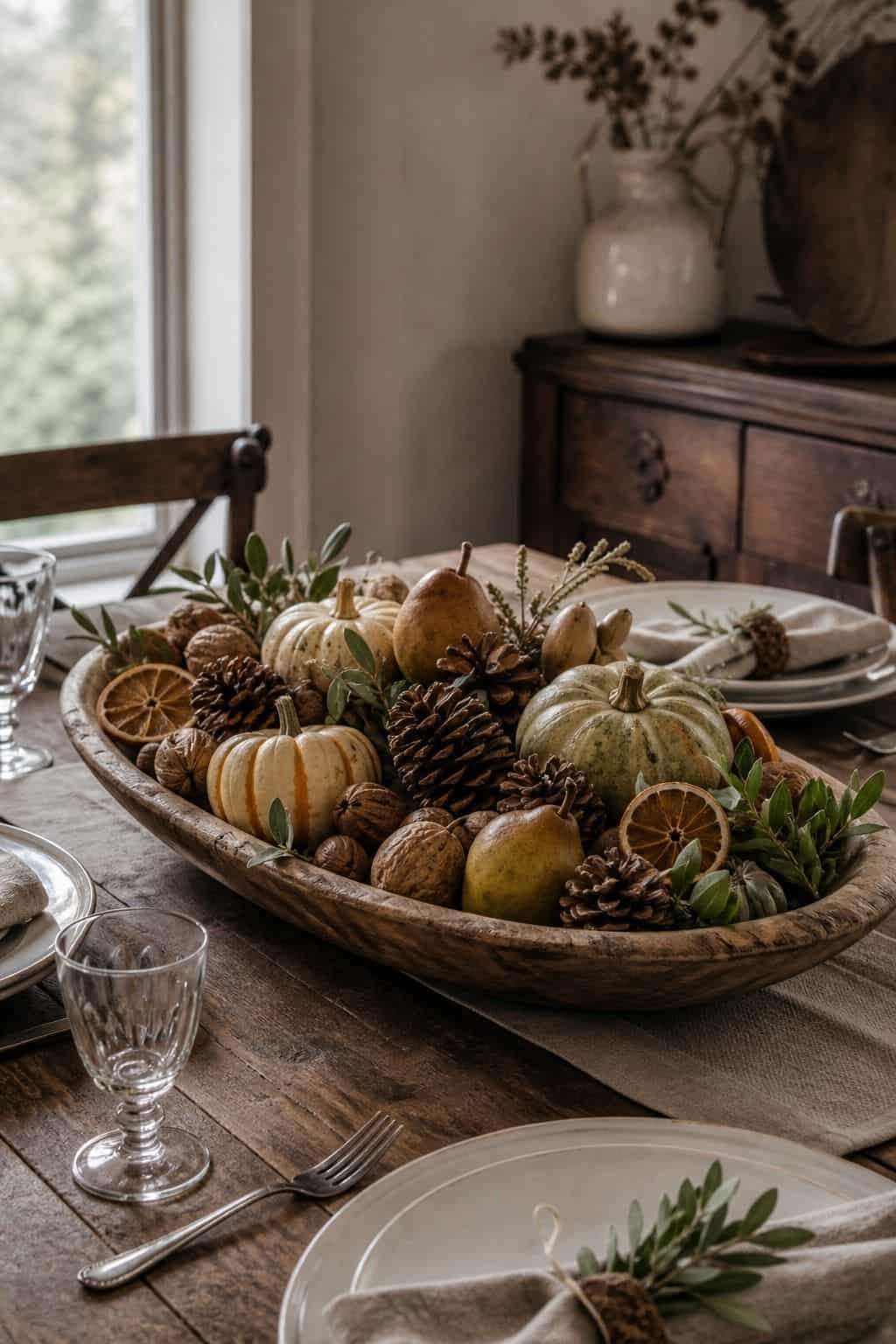 Wood Dough Bowl shown as a realistic Pretty Wild World image for 19 Thanksgiving Centerpiece Ideas That Keep the Table Easy.