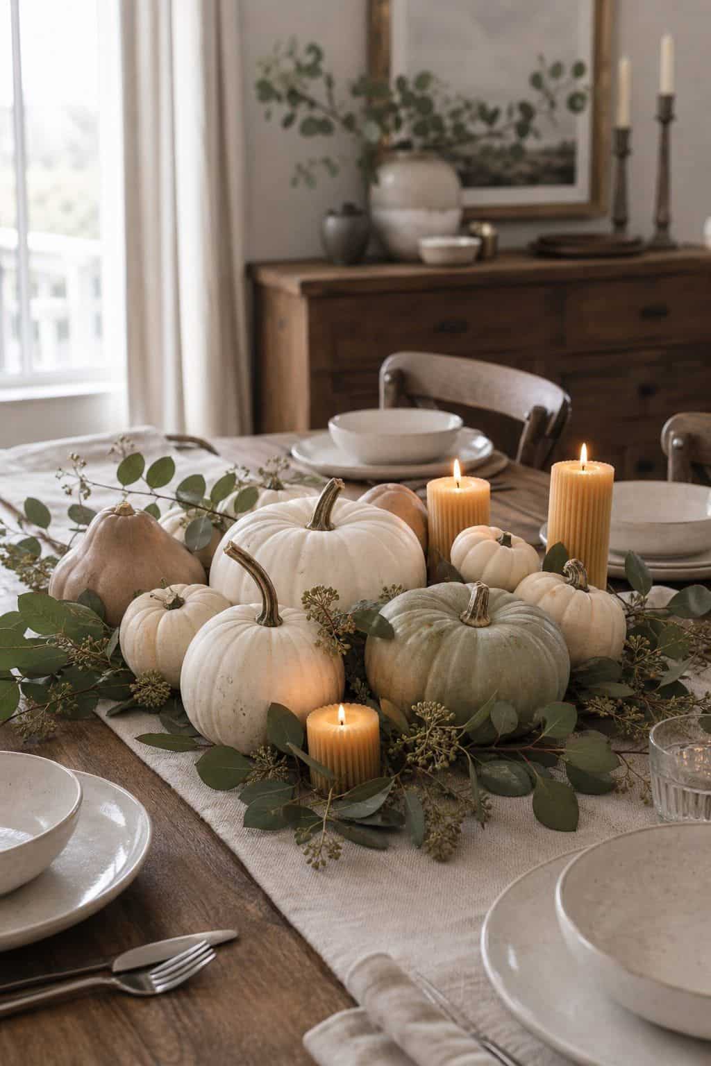 Neutral Pumpkin Group shown as a realistic Pretty Wild World image for 19 Thanksgiving Centerpiece Ideas That Keep the Table Easy.