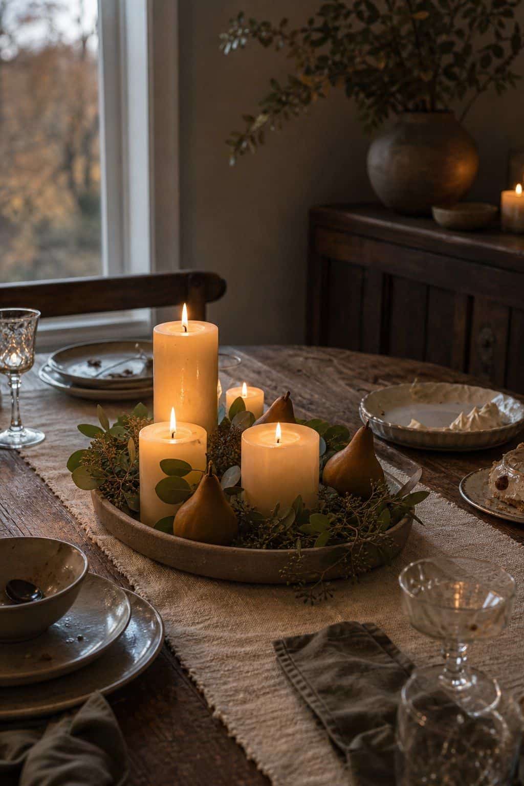 Pillar Candles on a Tray shown as a realistic Pretty Wild World image for 19 Thanksgiving Centerpiece Ideas That Keep the Table Easy.