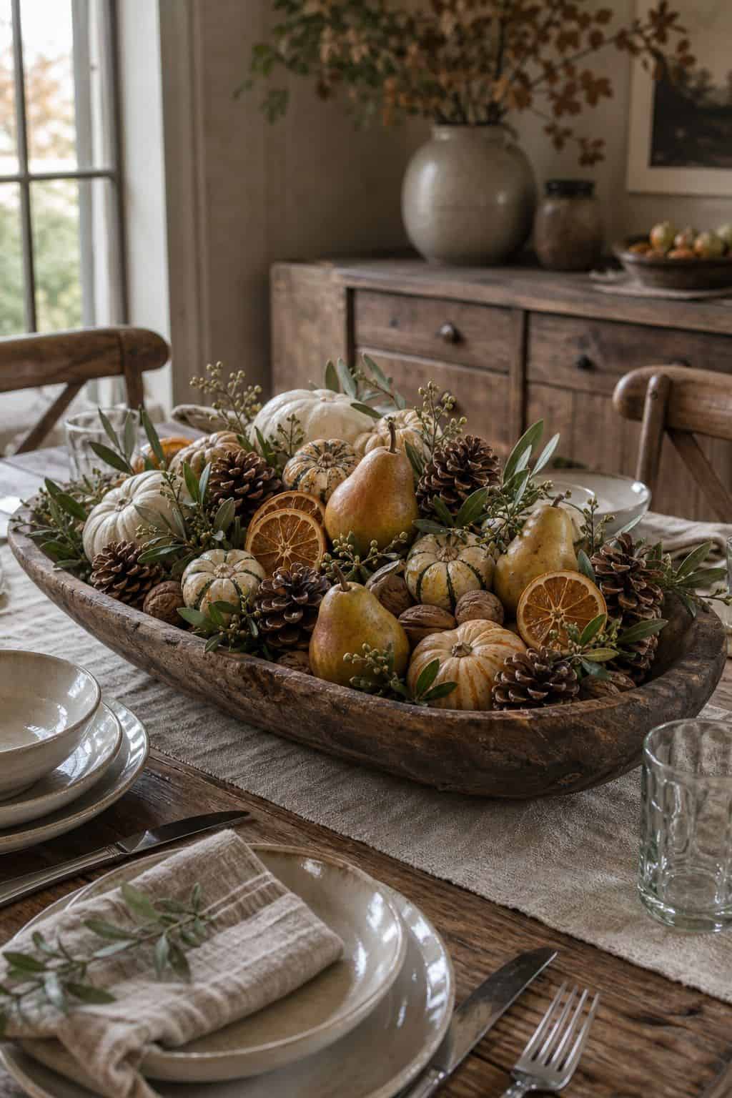 Rustic Farmhouse Bowl shown as a realistic Pretty Wild World image for 19 Thanksgiving Centerpiece Ideas That Keep the Table Easy.