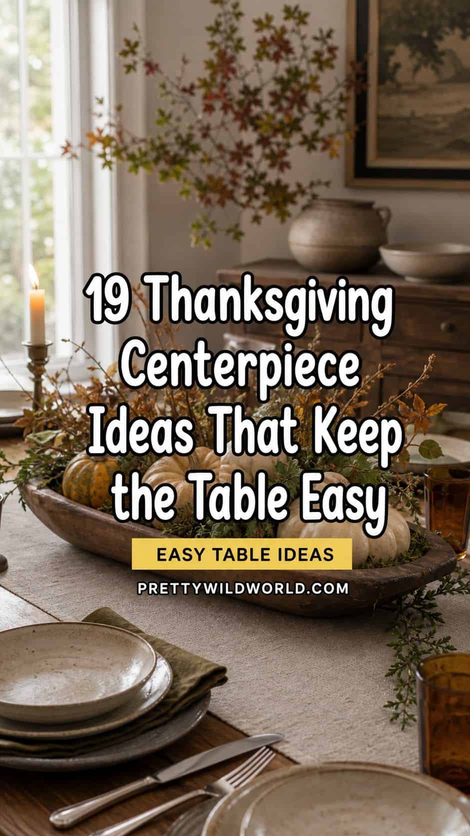 Pinterest pin for 19 Thanksgiving Centerpiece Ideas That Keep the Table Easy from Pretty Wild World.