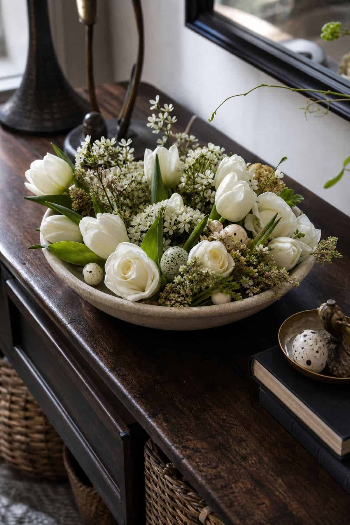 Entryway Flower Bowl Easter home decor styled in a realistic spring interior.