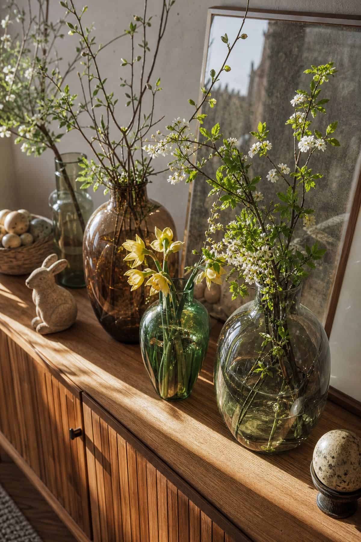 Colored Glass Vases Easter home decor styled in a realistic spring interior.