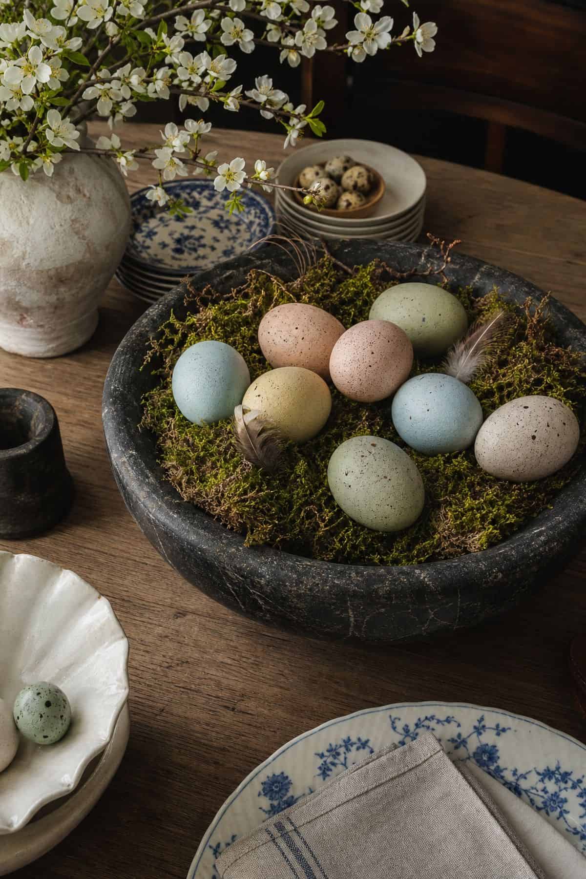 Egg Bowl Centerpiece Easter home decor styled in a realistic spring interior.