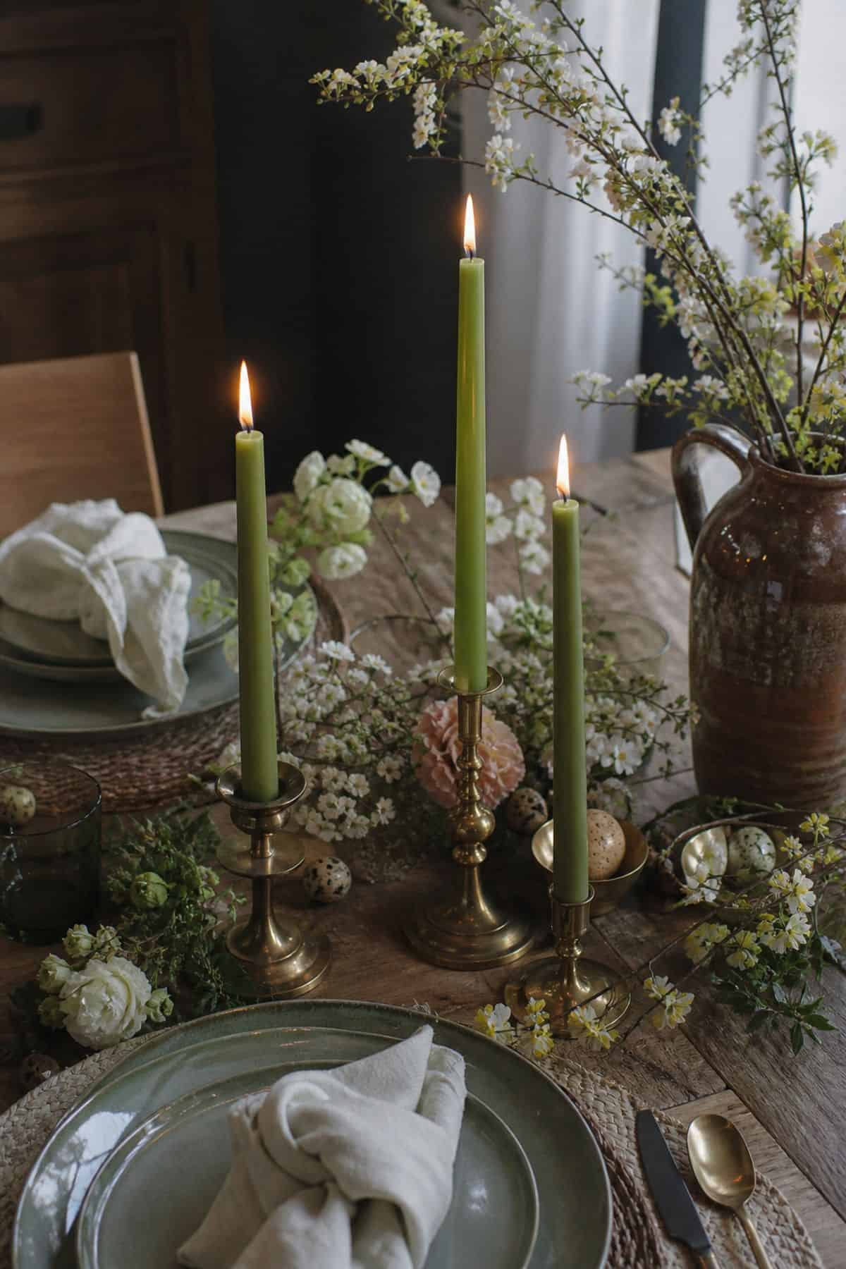 Green Taper Candles Easter home decor styled in a realistic spring interior.